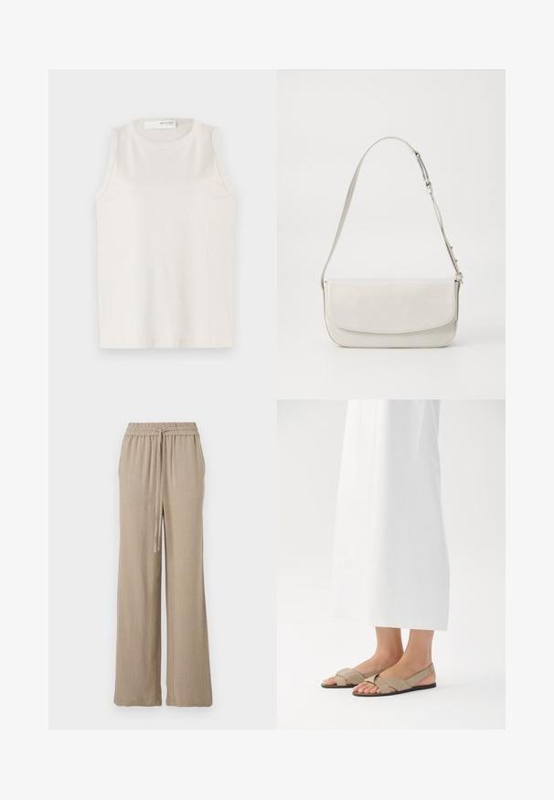 Bílý bezramínkový top vyrobený z měkké, hladké látky. Má kulatý výstřih a jednoduchý design bez zdobení nebo vzorů.; Béžové široké kalhoty vyrobené z lehkého materiálu. Mají elastický pas s šňůrkou a boční kapsy. Hladký povrch.; Béžové kožené sandály s křížovým designem a černou podrážkou, s otevřenou špičkou a stylu na patě. Umístěné na bílém pozadí.; Bílá kožená kabelka přes rameno s hladkým povrchem, obdélníkovým tvarem, klopovým zapínáním a nastavitelným popruhem. Jednoduché švy.