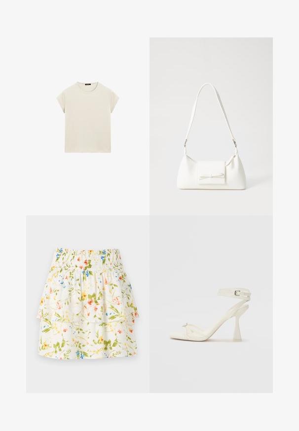 Massimo Dutti SHORT SLEEVE WITH ROUND NECK - T-shirt basic - beige; Gonna a fiori con vita arricciata, strati arricciati e uno sfondo bianco caratterizzato da fiori verdi, rossi e blu.; Sandalo con tacco alto e fasce in pelle bianca, dal design elegante, con un tacco a blocco trasparente e un elemento decorativo sulla punta.; Borsa sintetica bianca a forma triangolare, con patta anteriore piatta e dettaglio a fiocco, tracolla regolabile, texture liscia e design minimalista.