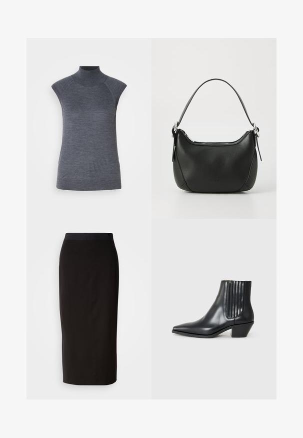 Haut à col montant sans manches gris, coupe moulante, texture côtelée, tissu lisse, avec un col haut et des découpes stylées aux épaules.; Jupe midi noire en matière extensible, dotée d'une coupe ajustée et d'une ceinture élastique confortable. Texture lisse sans motifs.; Bottine en cuir noir avec un bout pointu, des panneaux latéraux élastiques avec des rainures verticales, et un petit talon bloc. Texture lisse et design épuré.; Sac à main en cuir noir avec une forme arrondie, fermeture éclair argentée et une courte poignée. Présente un logo subtil à l'avant et une texture lisse.
