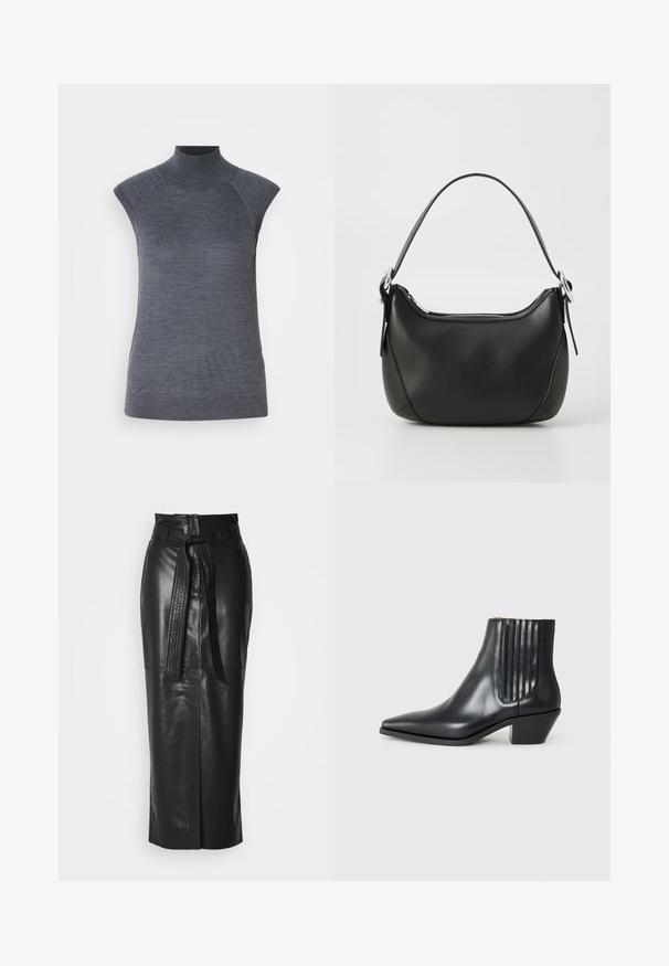Šedý bezrukávový rolák, přiléhavý střih, žebrovaná textura, hladká látka, vysoký límec a stylové vykrojení na ramenech.; Černá kožená sukně s vysokým pasem, páskovým detailem a rovný střihem. Má jemný lesk a přední rozparek pro snadnější pohyb.; Černá kožená kotníková bota s špičatou špičkou, elastickými bočními panely s vertikálními drážkami a nízkým blokovým podpatkem. Hladká textura a elegantní design.; Černá kožená kabelka s zakřiveným tvarem, stříbrným zipem a krátkým uchem. Na přední straně se nachází nenápadné logo a má hladkou texturu.