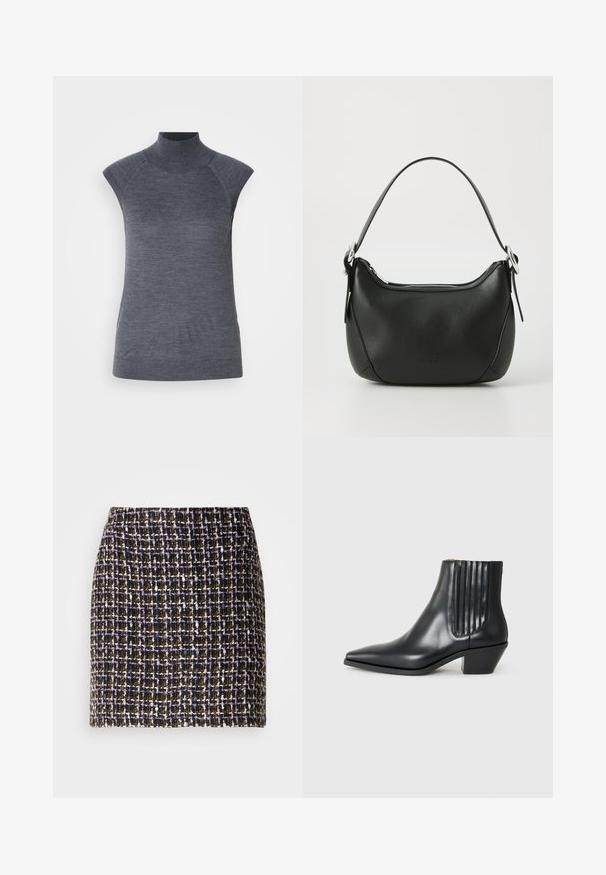 Pelēks bez piedurknēm turtlenecks tops, cieši pieguloša silueta, ribota tekstūra, gluda auduma, ar augstu kaklu un stilīgiem plecu izgriezumiem.; Auduma tvīda svārki ar pārbaudes rakstu melnā, violetā un zelta tonī; ir teksturēta virsma un elastīga jostasvieta.; Melnas ādas potītes zābaki ar izsistu purngali, elastīgām sānu paneļiem ar vertikālām grodām un zemu bloku papēdi. Gluda tekstūra un elegants dizains.; Melnas ādas rokassoma ar izliekumu formu, sudraba rāvējslēdzis un īsu rokturi. Priekšpusē ir smalks logo un gluda tekstūra.