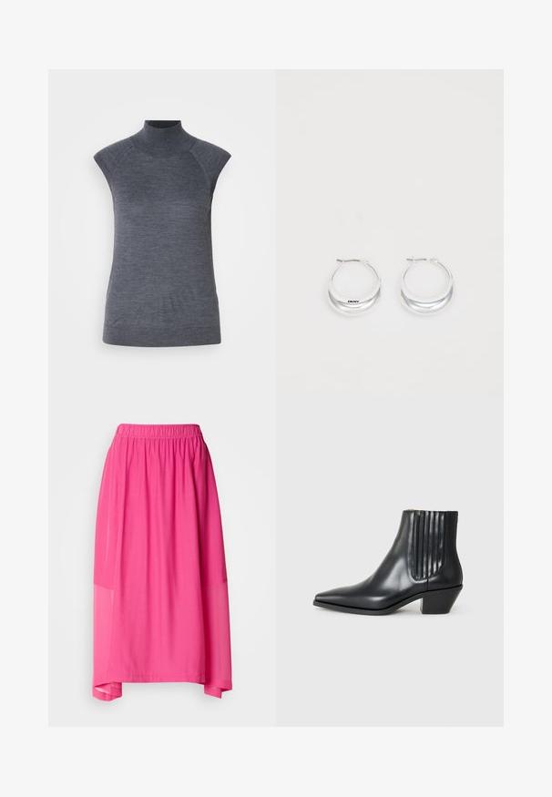 Grå ermeløs polo topp, kroppsnært snitt, ribbet tekstur, glatt stoff, har høy krage og stilige skulderutskjæringer.; Rosa midi skjørt med elastisk midje, med et lagdelt design og gjennomsiktige detaljer som skaper en flytende silhuett og myk tekstur.; Sorte skinnankelsko med spiss tå, elastiske sidepaneler med vertikale groper, og en lav blokkhæl. Glatt tekstur og elegant design.; Sølv øreringer i hoop-stil med en polert finish og DKNY-merke, vist mot en enkel hvit bakgrunn.