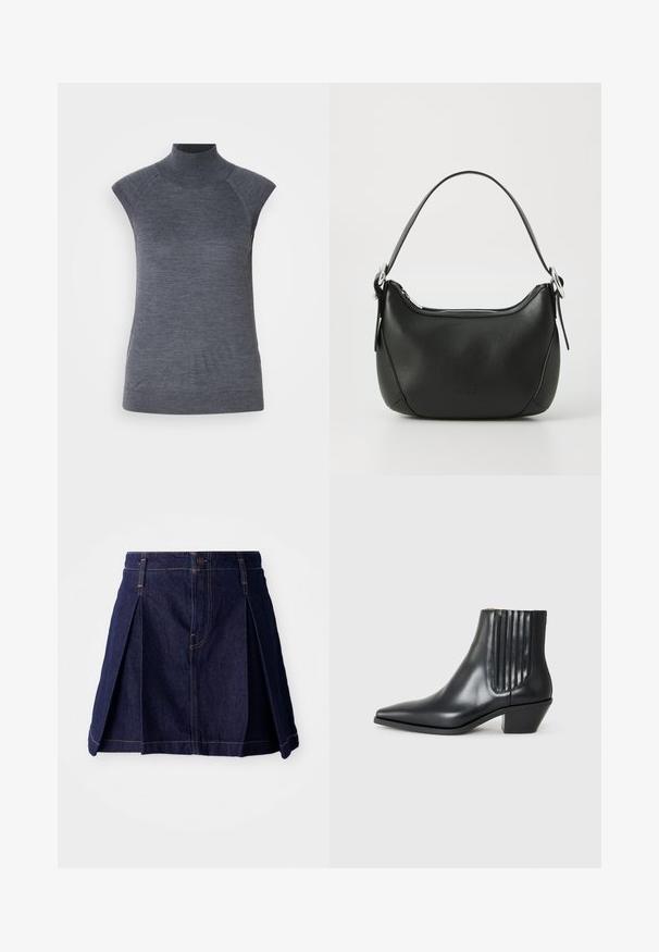 Pilkas be rankovių golfo tipo marškinėlis, prigludusio silueto, su raukinėta tekstūra, sklandžiu audiniu, turi aukštą apykaklę ir madingus pečių išpjovimus.; Tamsiai mėlyna džinsinė sijonas su klostėmis, mygtuko uždarymu ir kontrastingomis siūlėmis. Paprastas dizainas su platėjimo forma ir vidutinio ilgio kirpimu.; Juodas odinis aukšto bato konstrukcijos batas su smailiu nose, elastingais šoniniais paneleis su vertikaliomis grioveliais ir žemu blokuota pakulne. Lygi tekstūra ir elegantiškas dizainas.; Juodas odinis rankinė su išlenkta forma, sidabro užtrauktuku ir trumpa rankena. Pirmoje pusėje yra subtilus logotipas ir glotni tekstūra.