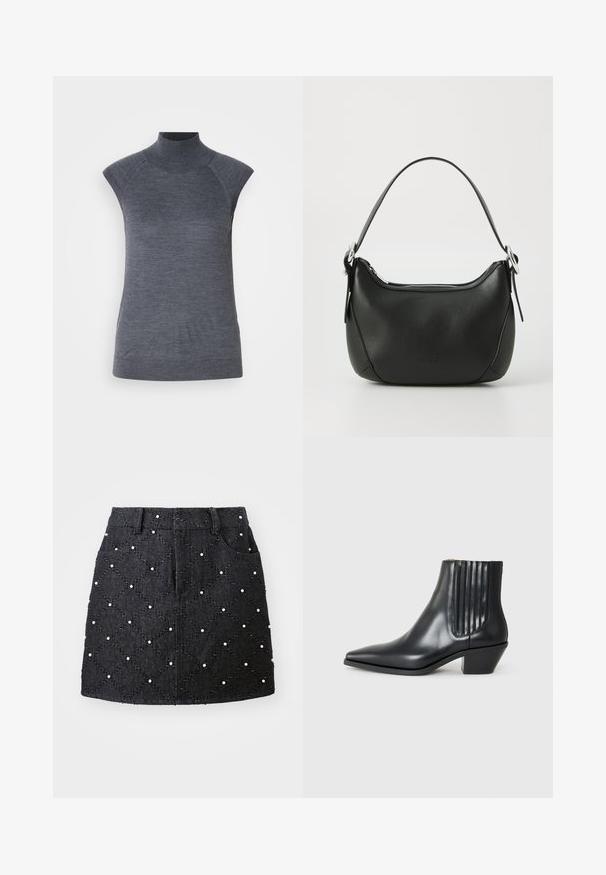 Grå ermeløs polo topp, kroppsnært snitt, ribbet tekstur, glatt stoff, har høy krage og stilige skulderutskjæringer.; Svart denimskjørt med diamantquiltet mønster, pyntet med hvite perler. Har en midjebånd og to frontlommer.; Sorte skinnankelsko med spiss tå, elastiske sidepaneler med vertikale groper, og en lav blokkhæl. Glatt tekstur og elegant design.; Svart skinnveske med en buet form, sølv glidelås og kort håndtak. Har en subtil logo på forsiden og glatt tekstur.