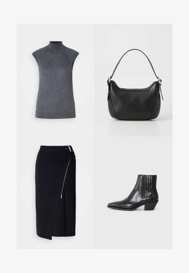 Haut à col montant sans manches gris, coupe moulante, texture côtelée, tissu lisse, avec un col haut et des découpes stylées aux épaules.; Jupe crayon marine en tissu extensible, dotée d'une fermeture éclair sur le côté, d'un ourlet asymétrique et d'une silhouette élégante.; Bottine en cuir noir avec un bout pointu, des panneaux latéraux élastiques avec des rainures verticales, et un petit talon bloc. Texture lisse et design épuré.; Sac à main en cuir noir avec une forme arrondie, fermeture éclair argentée et une courte poignée. Présente un logo subtil à l'avant et une texture lisse.