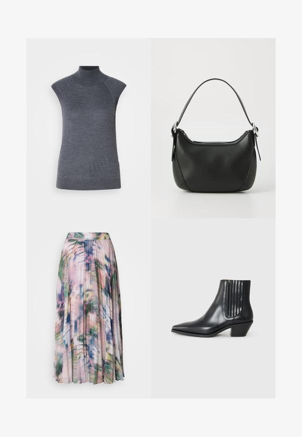 Pelēks bez piedurknēm turtlenecks tops, cieši pieguloša silueta, ribota tekstūra, gluda auduma, ar augstu kaklu un stilīgiem plecu izgriezumiem.; Plisejuvidus garums svārki vieglā, caurspīdīgā audumā. Izaudzēts ar daudzkrāsainu abstraktu ziedu rakstu ar rozā, zaļā un zila toņiem.; Melnas ādas potītes zābaki ar izsistu purngali, elastīgām sānu paneļiem ar vertikālām grodām un zemu bloku papēdi. Gluda tekstūra un elegants dizains.; Melnas ādas rokassoma ar izliekumu formu, sudraba rāvējslēdzis un īsu rokturi. Priekšpusē ir smalks logo un gluda tekstūra.