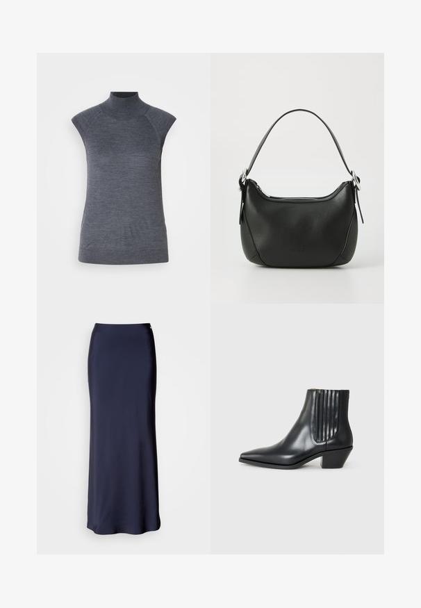 Pelēks bez piedurknēm turtlenecks tops, cieši pieguloša silueta, ribota tekstūra, gluda auduma, ar augstu kaklu un stilīgiem plecu izgriezumiem.; Tumši zils samta maksi svārks ar gludu tekstūru, taisnu siluetu un subtīlu sānu šķēlumu. Iespējas ietver jostu un minimālu dekoru.; Melnas ādas potītes zābaki ar izsistu purngali, elastīgām sānu paneļiem ar vertikālām grodām un zemu bloku papēdi. Gluda tekstūra un elegants dizains.; Melnas ādas rokassoma ar izliekumu formu, sudraba rāvējslēdzis un īsu rokturi. Priekšpusē ir smalks logo un gluda tekstūra.