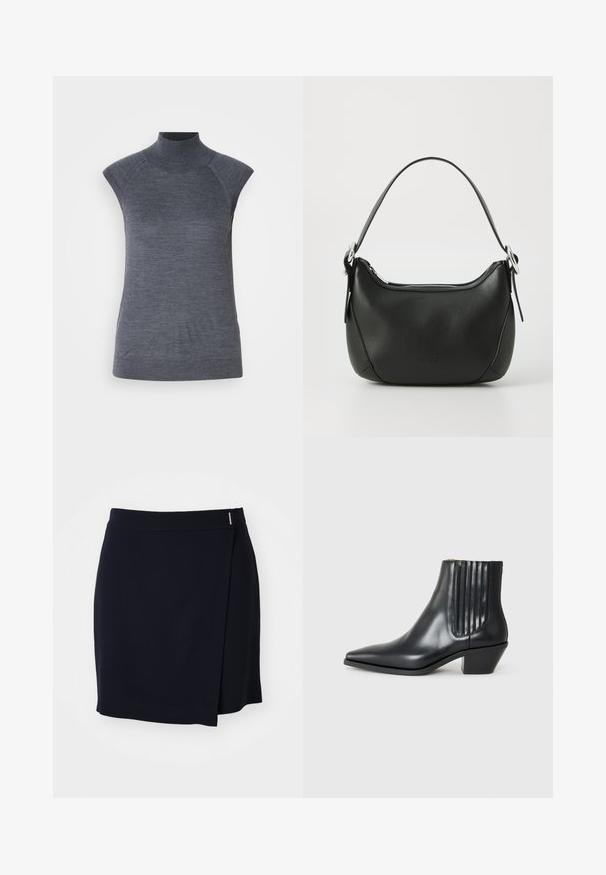 Top grigio senza maniche con collo alto, aderente al corpo, texture a coste, tessuto liscio, con collo alto e moderni ritagli sulle spalle.; Gonna mini avio in un tessuto morbido con uno spacco laterale e un piccolo dettaglio metallico in vita. Design pulito e minimalista.; Stivaletto in pelle nera con punta affusolata, pannelli laterali elasticizzati con scanalature verticali e tacco basso a blocco. Texture liscia e design elegante.; Borsa in pelle nera con forma curva, zip argentata e manico corto. Presenta un logo discreto sulla parte anteriore e una texture liscia.