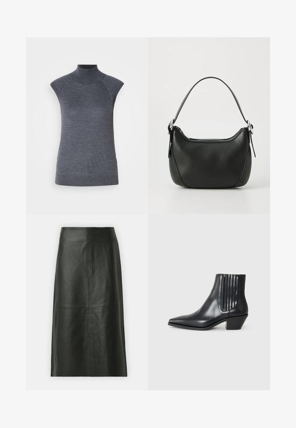Sivý bezrukávový rolák, priliehavý strih, žebrovaná textúra, hladká látka, vysoký golier a štýlové výrezy na pleciach.; Čierna kožená midi sukňa so rovnými línijami. Hladká štruktúra, minimálne švy a priliehavý pás. Žiadne viditeľné vrecká ani ďalšie detaily.; Čierna kožená členková topánka s špicatou špičkou, elastickými bočnými panelmi s vertikálnymi drážkami a nízkym blokovým podpätkom. Hladká textura a elegantný dizajn.; Čierna kožená kabelka s zakriveným tvarom, strieborným zipsom a krátkou rukoväťou. Na prednej strane má diskrétne logo a hladkú textúru.