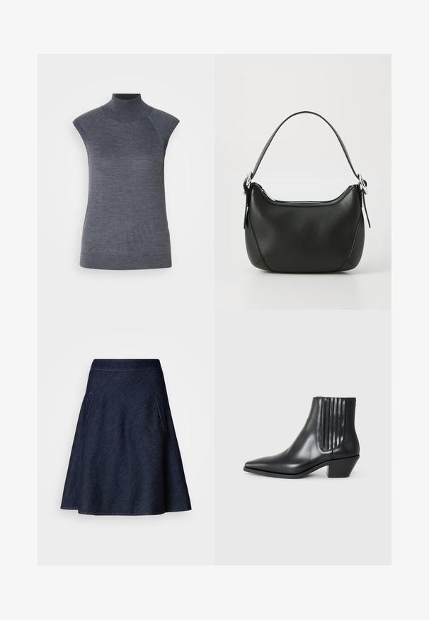 Šedý bezrukávový rolák, přiléhavý střih, žebrovaná textura, hladká látka, vysoký límec a stylové vykrojení na ramenech.; Tmavě modrá áčková sukně s středním pasem, dvěma bočními kapsami a kontrastním prošitím podél okrajů. Hladká textura.; Černá kožená kotníková bota s špičatou špičkou, elastickými bočními panely s vertikálními drážkami a nízkým blokovým podpatkem. Hladká textura a elegantní design.; Černá kožená kabelka s zakřiveným tvarem, stříbrným zipem a krátkým uchem. Na přední straně se nachází nenápadné logo a má hladkou texturu.