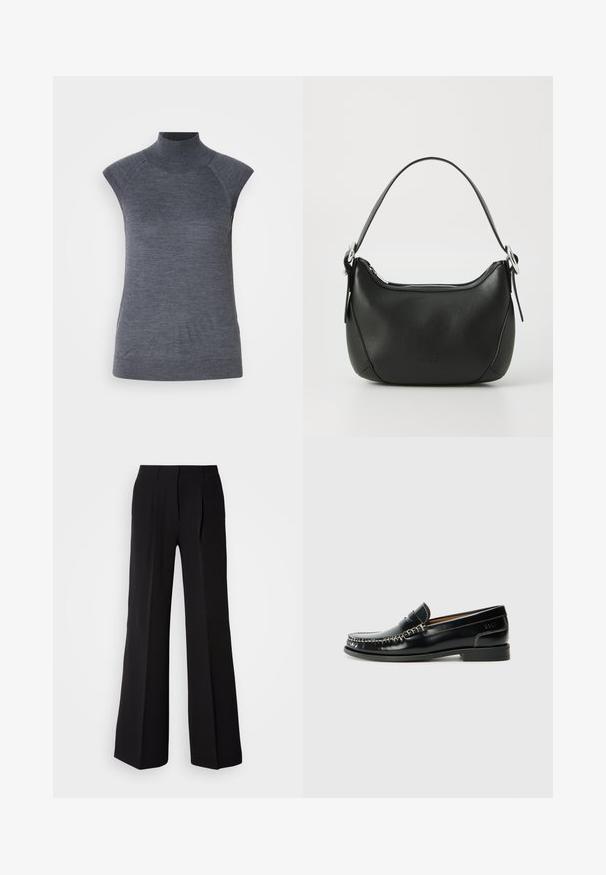 Szürke ujjatlan garbó felső, testhez simuló szabás, bordázott textúra, sima anyag, magas nyakkal és stílusos vállkivágásokkal rendelkezik.; Fekete nadrág sima anyagból, magas derekú, bőszárú szabással, és két elülső pliszével a dizájn részletessége érdekében.; Fekete bőr loaferek, varrott dizájnnal, sima felülettel, alacsony blokk sarkakkal és ezüst díszítéssel. Klasszikus kerek orrú forma.; Fekete bőr kézitáska ívelt formával, ezüst cipzárral és rövid fogantyúval. Az elején diszkrét logó található, és sima tapintású.