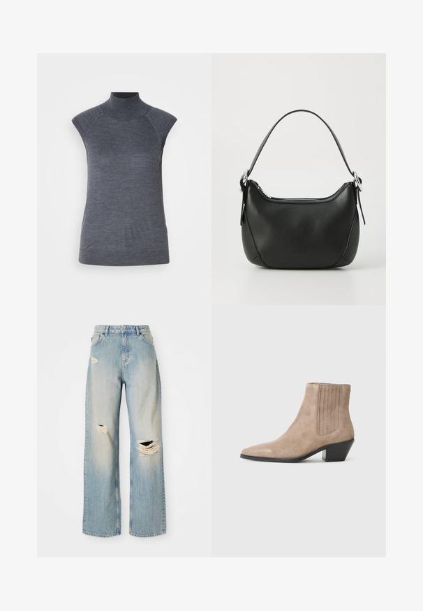Sivý bezrukávový rolák, priliehavý strih, žebrovaná textúra, hladká látka, vysoký golier a štýlové výrezy na pleciach.; Svetlomodré džíny s rovnými nohavicami, vysokým pásom, pútkami na opasok a poškodenými roztrhnutiami na ľavom stehne, pravom kolene a na dolnej časti ľavej nohy.; Béžová semišová členková obuv s špicatou špičkou a tvarovaným opätkom, s vertikálnymi prešívaniami na stranách.; Čierna kožená kabelka s zakriveným tvarom, strieborným zipsom a krátkou rukoväťou. Na prednej strane má diskrétne logo a hladkú textúru.