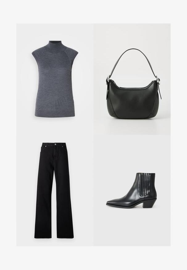 Siva brezrokavni pulover s turtleneck ovratnikom, prileganju telesu, rebrasto teksturo, gladko blago, z visokim ovratnikom in modnimi izrezanimi rameni.; Črne široke jeans hlače iz denima z zasnovo petih žepek, sprednjim gumbom in diskretnimi šivi.; Črne usnjene gležnjarje s koničastim nosom, elastičnimi stranskimi paneli z navpičnimi utori in nizko blokasto peto. Gladka tekstura in eleganten dizajn.; Črna usnjena torbica s curved obliko, srebrnim zadrgo in kratkim ročajem. Na sprednji strani se nahaja subtilen logotip in gladka tekstura.