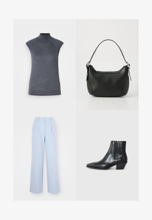 Graues ärmelloses Rollkragenoberteil, körpernahe Passform, gerippte Textur, glattes Material, mit hochgeschlossenem Kragen und stilvollen Schulter-Ausschnitten.; Helle blaueweite Hose mit hohem Bund, vorn mit Falten, aus einem glatten, gewebten Stoff gefertigt. Keine sichtbaren Hardwareteile.; Schwarze Leder-Ankle-Boots mit spitzem Zehenbereich, seitlichen elastischen Einsätzen mit vertikalen Rillen und einem niedrigen Blockabsatz. Glatte Textur und elegantes Design.; Schwarze Ledertasche mit geschwungener Form, silbernem Reißverschluss und kurzem Griff. Verfügt über ein dezentes Logo auf der Vorderseite und eine glatte Textur.