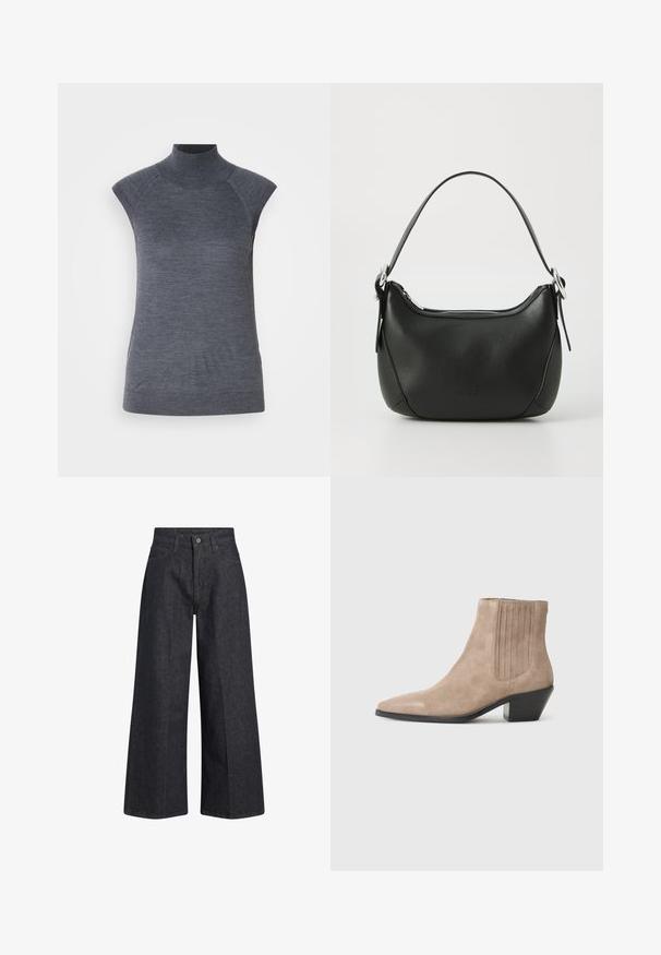 Graues ärmelloses Rollkragenoberteil, körpernahe Passform, gerippte Textur, glattes Material, mit hochgeschlossenem Kragen und stilvollen Schulter-Ausschnitten.; Calvin Klein WIDE ANKLE - Wide Leg - denim dark; Beige Wildleder Stiefelette mit spitzer Zehenform und geformtem Absatz, versehen mit vertikalen Nahtakzenten an den Seiten.; Schwarze Ledertasche mit geschwungener Form, silbernem Reißverschluss und kurzem Griff. Verfügt über ein dezentes Logo auf der Vorderseite und eine glatte Textur.