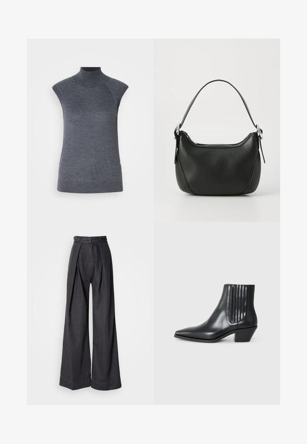Siva brezrokavni pulover s turtleneck ovratnikom, prileganju telesu, rebrasto teksturo, gladko blago, z visokim ovratnikom in modnimi izrezanimi rameni.; Široke črne usnjene hlače z visokim pasom, ki imajo sprednje naborke in klasično zadrgo. Ostro, gladko teksturo s čistim zaključkom.; Črne usnjene gležnjarje s koničastim nosom, elastičnimi stranskimi paneli z navpičnimi utori in nizko blokasto peto. Gladka tekstura in eleganten dizajn.; Črna usnjena torbica s curved obliko, srebrnim zadrgo in kratkim ročajem. Na sprednji strani se nahaja subtilen logotip in gladka tekstura.
