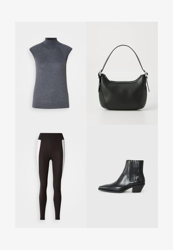 Grå ermeløs polo topp, kroppsnært snitt, ribbet tekstur, glatt stoff, har høy krage og stilige skulderutskjæringer.; Svarte leggings med bred midjebånd, med hvite sidepaneldetaljer. Laget av elastisk stoff med en glatt tekstur, skreddersydd passform.; Sorte skinnankelsko med spiss tå, elastiske sidepaneler med vertikale groper, og en lav blokkhæl. Glatt tekstur og elegant design.; Svart skinnveske med en buet form, sølv glidelås og kort håndtak. Har en subtil logo på forsiden og glatt tekstur.