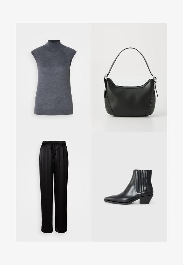 Siva brezrokavni pulover s turtleneck ovratnikom, prileganju telesu, rebrasto teksturo, gladko blago, z visokim ovratnikom in modnimi izrezanimi rameni.; Črne hlače sproščenega kroja z elastičnim pasom in vrvico, prikazane na enobarvni beli podlagi.; Črne usnjene gležnjarje s koničastim nosom, elastičnimi stranskimi paneli z navpičnimi utori in nizko blokasto peto. Gladka tekstura in eleganten dizajn.; Črna usnjena torbica s curved obliko, srebrnim zadrgo in kratkim ročajem. Na sprednji strani se nahaja subtilen logotip in gladka tekstura.