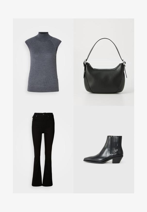 Grå ermeløs polo topp, kroppsnært snitt, ribbet tekstur, glatt stoff, har høy krage og stilige skulderutskjæringer.; Svarte vide jeans laget av denim, med høy midje, frontlommer og et klassisk fem-lommers design med metalldetaljer.; Sorte skinnankelsko med spiss tå, elastiske sidepaneler med vertikale groper, og en lav blokkhæl. Glatt tekstur og elegant design.; Svart skinnveske med en buet form, sølv glidelås og kort håndtak. Har en subtil logo på forsiden og glatt tekstur.