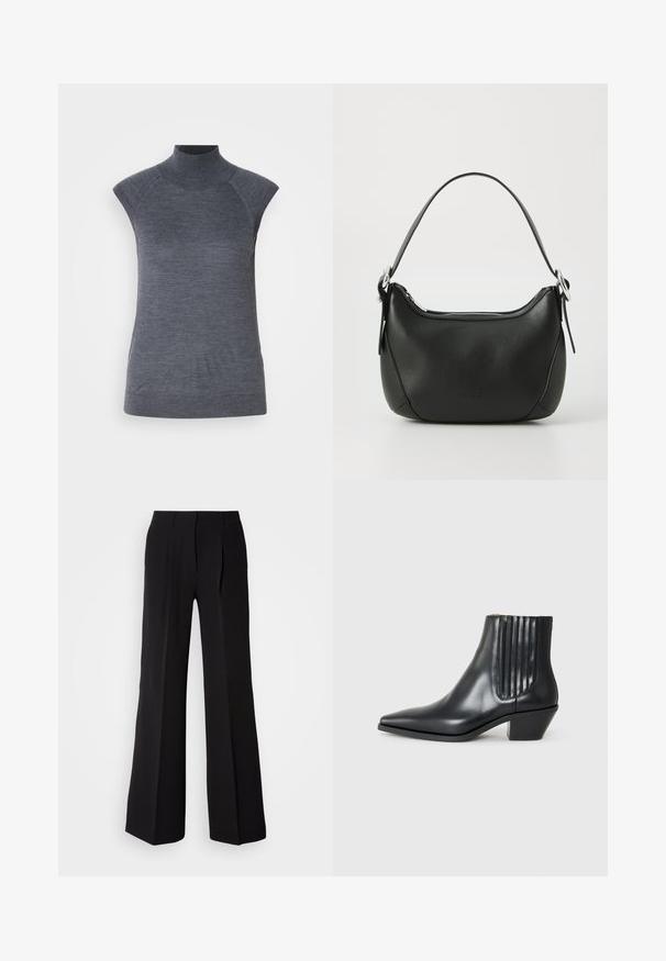 Pelēks bez piedurknēm turtlenecks tops, cieši pieguloša silueta, ribota tekstūra, gluda auduma, ar augstu kaklu un stilīgiem plecu izgriezumiem.; Melnas bikses, izgatavotas no gluda auduma, ar augstu jostasvietu, platām kājām un divām priekšējām kroku detaļām kā papildus dizainu.; Melnas ādas potītes zābaki ar izsistu purngali, elastīgām sānu paneļiem ar vertikālām grodām un zemu bloku papēdi. Gluda tekstūra un elegants dizains.; Melnas ādas rokassoma ar izliekumu formu, sudraba rāvējslēdzis un īsu rokturi. Priekšpusē ir smalks logo un gluda tekstūra.