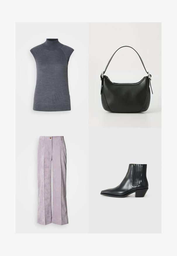 Siva brezrokavni pulover s turtleneck ovratnikom, prileganju telesu, rebrasto teksturo, gladko blago, z visokim ovratnikom in modnimi izrezanimi rameni.; Svetlo lavandasto kordurojevo hlače z visokim pasom, širokimi nogavicami in sprednjim naborkom. Imajo enojno gumbno zapiranje in šivano spodnjo rob.; Črne usnjene gležnjarje s koničastim nosom, elastičnimi stranskimi paneli z navpičnimi utori in nizko blokasto peto. Gladka tekstura in eleganten dizajn.; Črna usnjena torbica s curved obliko, srebrnim zadrgo in kratkim ročajem. Na sprednji strani se nahaja subtilen logotip in gladka tekstura.