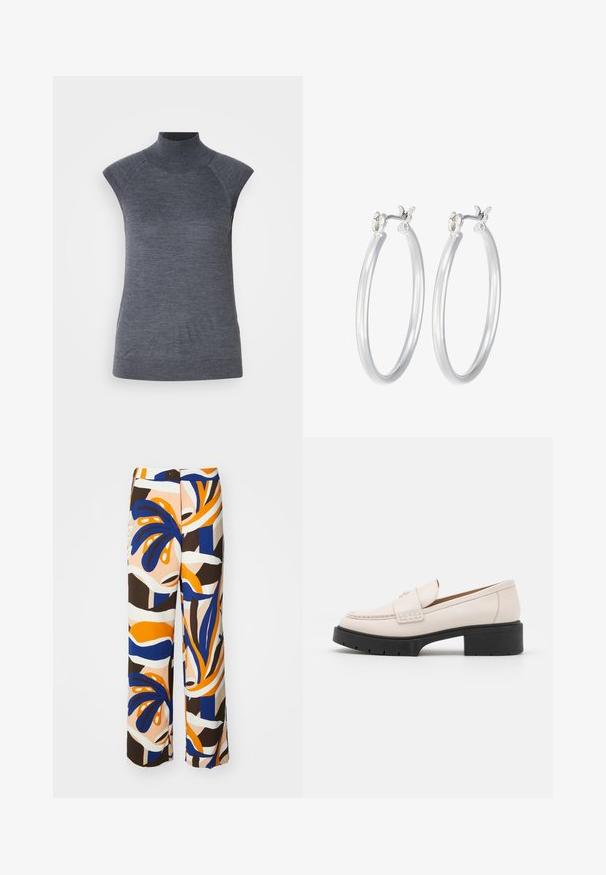 Grijze mouwloze coltrui, nauwsluitende pasvorm, geribbelde textuur, zachte stof, met hoge hals en stijlvolle schouderuitsparingen.; Brede broek met een multicultureel patroon van blauwe, oranje en bruine tinten. Gemaakt van lichtgewicht stof met abstracte bloem ontwerpen.; Lichtbeige leren loafers met een gestikte voorkant en een textuur met een zwarte plateauhak. Beschikt over een gebogen ontwerp en een lichte verhoging.; Zilveren oorbellen in de vorm van een gladde, gepolijste ring. Ronde vorm met een veilige kliksluiting. Lichtgewicht ontwerp, geschikt voor dagelijks gebruik.