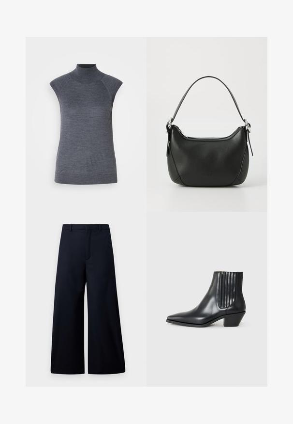 Graues ärmelloses Rollkragenoberteil, körpernahe Passform, gerippte Textur, glattes Material, mit hochgeschlossenem Kragen und stilvollen Schulter-Ausschnitten.; Weite Hosen in dunklem Marineblau, aus einem glatten Stoff gefertigt. Mit einem flachen Taillenbund, einer vorderen Bügelfalte und ohne sichtbare Hardware oder Muster.; Schwarze Leder-Ankle-Boots mit spitzem Zehenbereich, seitlichen elastischen Einsätzen mit vertikalen Rillen und einem niedrigen Blockabsatz. Glatte Textur und elegantes Design.; Schwarze Ledertasche mit geschwungener Form, silbernem Reißverschluss und kurzem Griff. Verfügt über ein dezentes Logo auf der Vorderseite und eine glatte Textur.