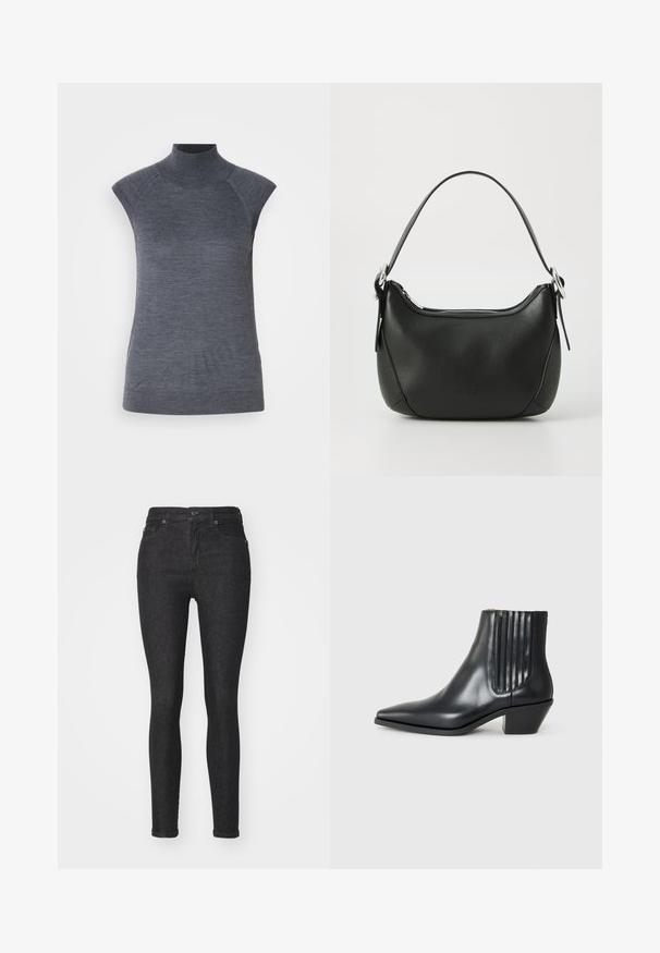 Šedý bezrukávový rolák, přiléhavý střih, žebrovaná textura, hladká látka, vysoký límec a stylové vykrojení na ramenech.; Černé skinny džíny z denimu s těsným střihem, klasickým pětipocket designem, předním zapínáním na knoflík a jemnými detaily šití.; Černá kožená kotníková bota s špičatou špičkou, elastickými bočními panely s vertikálními drážkami a nízkým blokovým podpatkem. Hladká textura a elegantní design.; Černá kožená kabelka s zakřiveným tvarem, stříbrným zipem a krátkým uchem. Na přední straně se nachází nenápadné logo a má hladkou texturu.