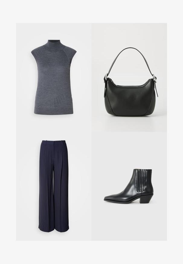 Siva brezrokavni pulover s turtleneck ovratnikom, prileganju telesu, rebrasto teksturo, gladko blago, z visokim ovratnikom in modnimi izrezanimi rameni.; Zadnje hlače s širokimi nogavicami v pinstripes vzorcu. Imajo visok pas, zložene plise in gladko teksturo. Primerno za formalne priložnosti.; Črne usnjene gležnjarje s koničastim nosom, elastičnimi stranskimi paneli z navpičnimi utori in nizko blokasto peto. Gladka tekstura in eleganten dizajn.; Črna usnjena torbica s curved obliko, srebrnim zadrgo in kratkim ročajem. Na sprednji strani se nahaja subtilen logotip in gladka tekstura.