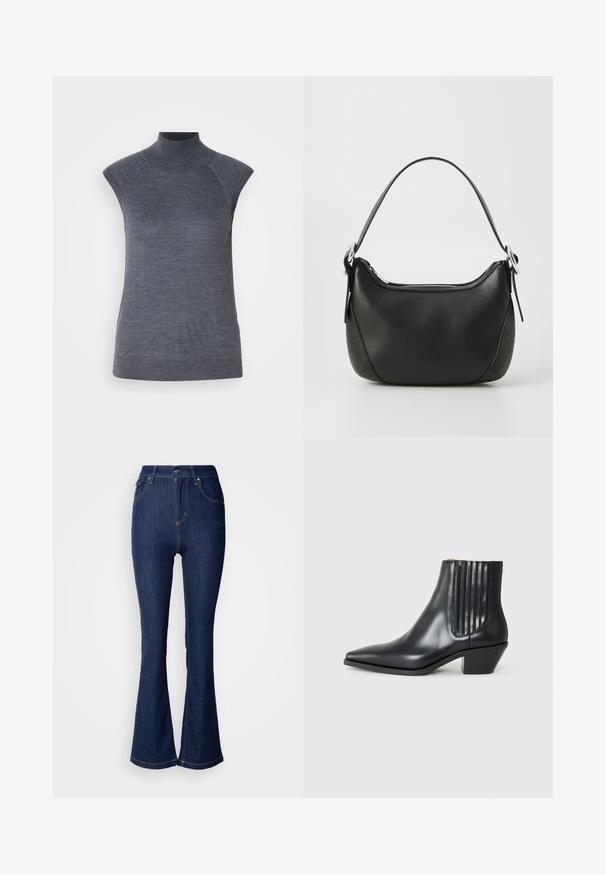 Szary bezrękawnik typu golf, dopasowany krój, prążkowana faktura, gładki materiał, z wysokim kołnierzem i stylowymi wcięciami na ramionach.; Ciemnoniebieskie dżinsy w stylu dzwonów z wysokim stanem, z przednimi kieszeniami, kontrastowymi szwami oraz zapięciem na guziki.; Czarne skórzane botki za kostkę z wysmuklonym noskiem, elastycznymi bocznymi panelami z pionowymi rowkami oraz niskim blokowym obcasem. Gładka tekstura i elegancki design.; Czarna skórzana torebka o zaokrąglonym kształcie, z srebrnym zamkiem błyskawicznym i krótkim uchwytem. Posiada subtelne logo z przodu i gładką teksturę.
