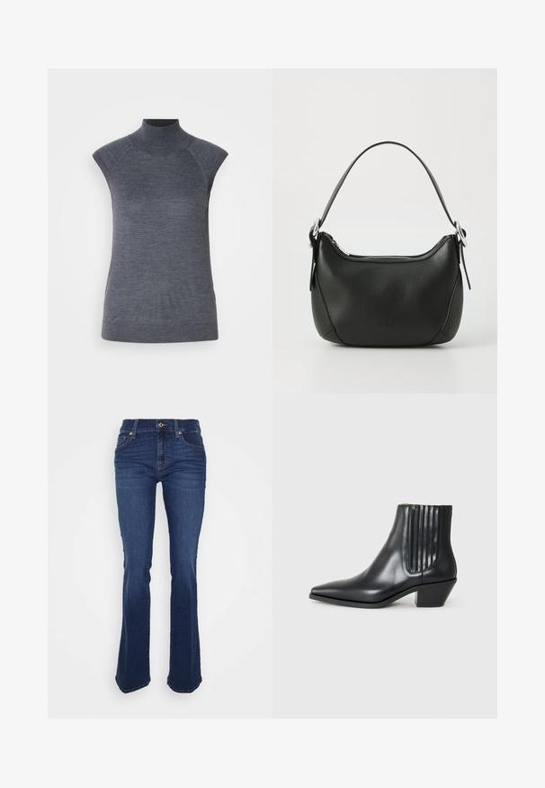 Harmaa hihaton poolopaita, vartalonmyötäinen istuvuus, ribbikuvio, sileä kangas, korkea kaula sekä tyylikkäät olkaleikkaukset.; Räätälöityt siniset farkut, jotka on valmistettu denimistä, korkea vyötärö, etutaskut ja kontrastivärinen ompelu. Kankaan pinta on sileä.; Musta nahkainen nilkk boot, jossa on terävä kärki, elastiset sivupaneelit pystyröytiä ja matala lohkarepohja. Sileä pinta ja tyylikäs muotoilu.; Musta nahkakäsilaukku, jossa on kaareva muoto, hopeinen vetoketju ja lyhyt kahva. Edessä on hienovarainen logo ja pinta on sileä.