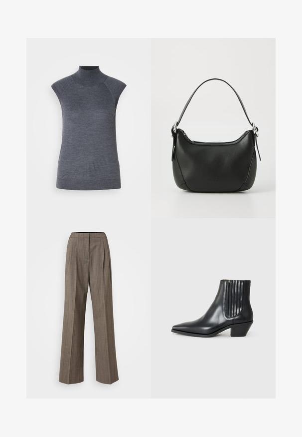 Pilkas be rankovių golfo tipo marškinėlis, prigludusio silueto, su raukinėta tekstūra, sklandžiu audiniu, turi aukštą apykaklę ir madingus pečių išpjovimus.; HUGO HELEPHER - Kelnės - multi-coloured; Juodas odinis aukšto bato konstrukcijos batas su smailiu nose, elastingais šoniniais paneleis su vertikaliomis grioveliais ir žemu blokuota pakulne. Lygi tekstūra ir elegantiškas dizainas.; Juodas odinis rankinė su išlenkta forma, sidabro užtrauktuku ir trumpa rankena. Pirmoje pusėje yra subtilus logotipas ir glotni tekstūra.