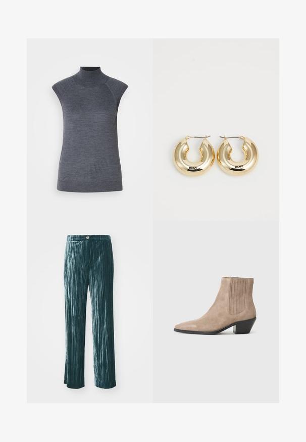 Graues ärmelloses Rollkragenoberteil, körpernahe Passform, gerippte Textur, glattes Material, mit hochgeschlossenem Kragen und stilvollen Schulter-Ausschnitten.; Türkise, plissierte Hose mit weitem Bein, aus einem glänzenden Stoff gefertigt, ausgestattet mit vertikalen Streifen für Struktur und einem Gürtelbund mit einem kleinen Metallelement.; Beige Wildleder Stiefelette mit spitzer Zehenform und geformtem Absatz, versehen mit vertikalen Nahtakzenten an den Seiten.; Goldene Creolen mit einem glatten, abgerundeten Design und einer glänzenden Oberfläche, ausgestattet mit einem Verschluss zur Sicherung. Mit "DKNY" graviert.