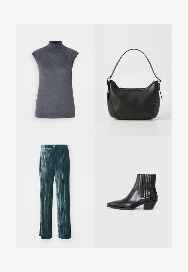 Haut à col montant sans manches gris, coupe moulante, texture côtelée, tissu lisse, avec un col haut et des découpes stylées aux épaules.; Pantalons plissés teal au design large, confectionnés dans un tissu brillant, avec des rayures verticales pour la texture et une taille ornée d'un petit accent métallique.; Bottine en cuir noir avec un bout pointu, des panneaux latéraux élastiques avec des rainures verticales, et un petit talon bloc. Texture lisse et design épuré.; Sac à main en cuir noir avec une forme arrondie, fermeture éclair argentée et une courte poignée. Présente un logo subtil à l'avant et une texture lisse.; Boucles d'oreilles créoles en or avec un design lisse et arrondi et une finition brillante, dotées d'un fermoir pour un maintien en sécurité. Gravées avec "DKNY."