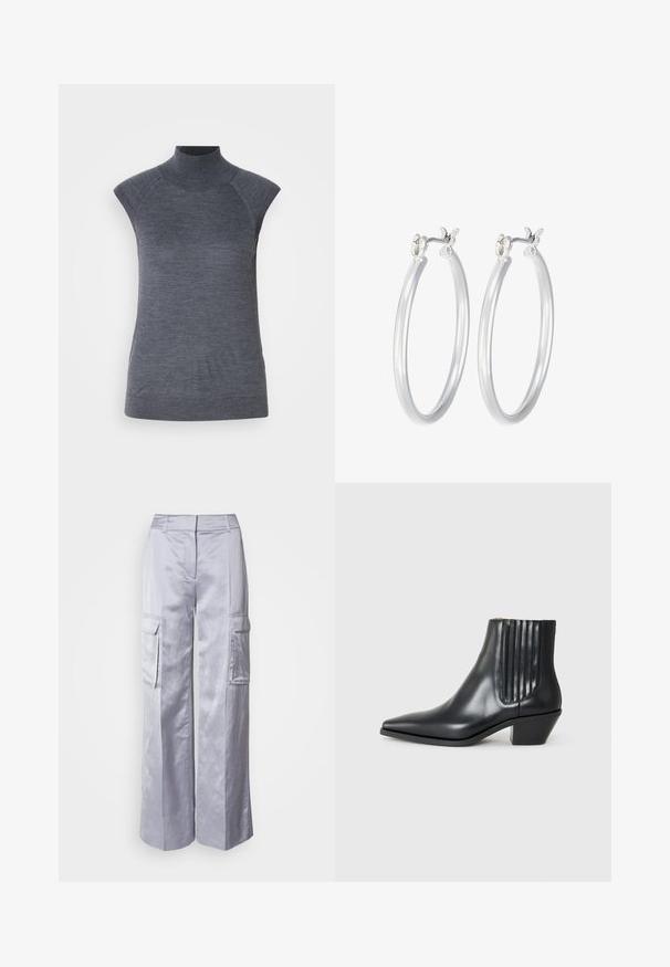 Szary bezrękawnik typu golf, dopasowany krój, prążkowana faktura, gładki materiał, z wysokim kołnierzem i stylowymi wcięciami na ramionach.; Jasnoszare szerokie spodnie cargo wykonane z gładkiego materiału, z bocznymi kieszeniami, dopasowanym pasem i bez widocznych zapięć lub zamków.; Czarne skórzane botki za kostkę z wysmuklonym noskiem, elastycznymi bocznymi panelami z pionowymi rowkami oraz niskim blokowym obcasem. Gładka tekstura i elegancki design.; Srebrne kolczyki w formie kółek o gładkim, polerowanym wykończeniu. O okrągłym kształcie i pewnym zapięciu na klik. Lekka konstrukcja odpowiednia do codziennego noszenia.