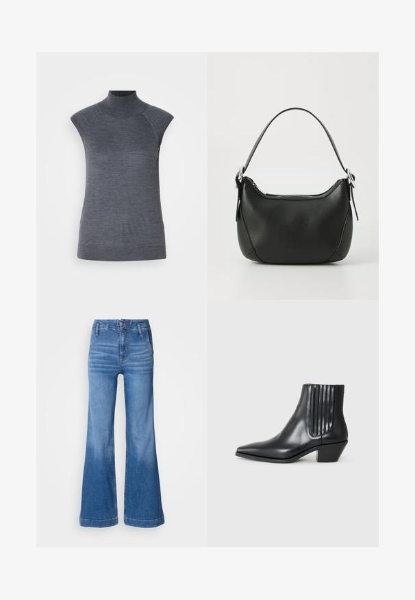 Top gris sin mangas con cuello alto, ajuste ceñido al cuerpo, textura acanalada, tela suave, presenta un cuello alto y elegantes recortes en los hombros.; Vaqueros acampanados de color azul claro, hechos de denim. Cuentan con una cintura alta, bolsillos frontales y un dobladillo limpio con un ligero desgastado en las piernas.; Bota de cuero negra de tobillo con punta afilada, paneles laterales elásticos con ranuras verticales y un tacón bajo y cuadrado. Textura suave y diseño elegante.; Bolso de mano de cuero negro con forma curvada, cremallera plateada y un asa corta. Presenta un logotipo sutil en la parte frontal y una textura suave.
