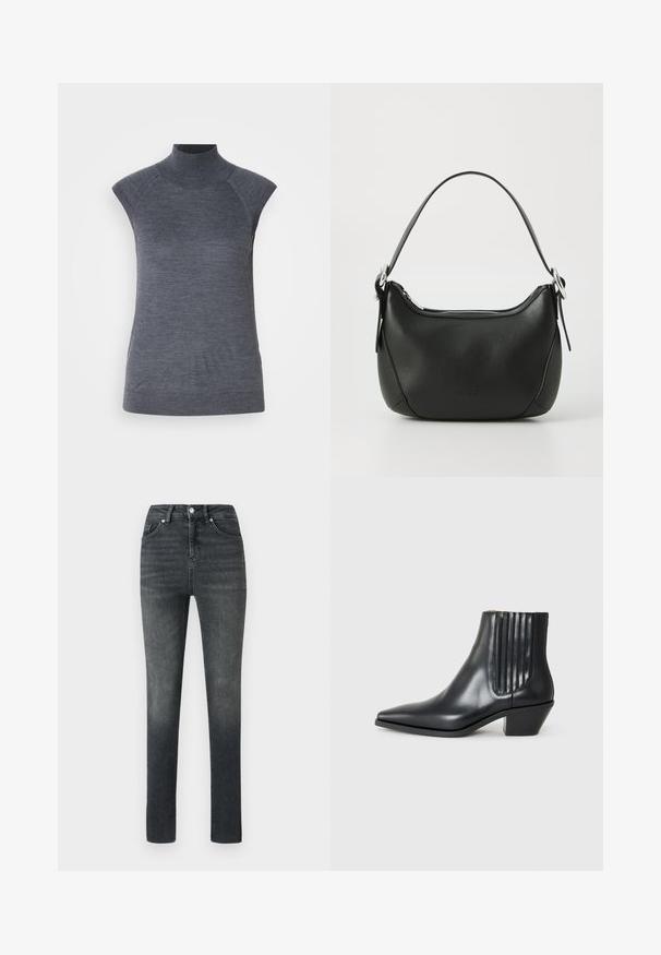 Siva bezrukavna majica s visokim ovratnikom, prilagođenog kroja, rebrasta tekstura, glatka tkanina, s visokim ovratnikom i modernim izrezima na ramenima.; Uske mršavi traperice u tamnosivoj boji, s klasičnim dizajnom od pet džepova, prednjim zakopčanjem na dugme i suptilnim izbljeđivanjem za teksturu.; Crna kožna gležnjača s šiljastim prstom, elastičnim bočnim panelima s okomitim debljinama i niskim blok-petama. Glatka tekstura i elegantan dizajn.; Crna kožna torba s zakrivljenim oblikom, srebrnim patentnim zatvaračem i kratkom drškom. Ima suptilan logotip sprijeda i glatku teksturu.