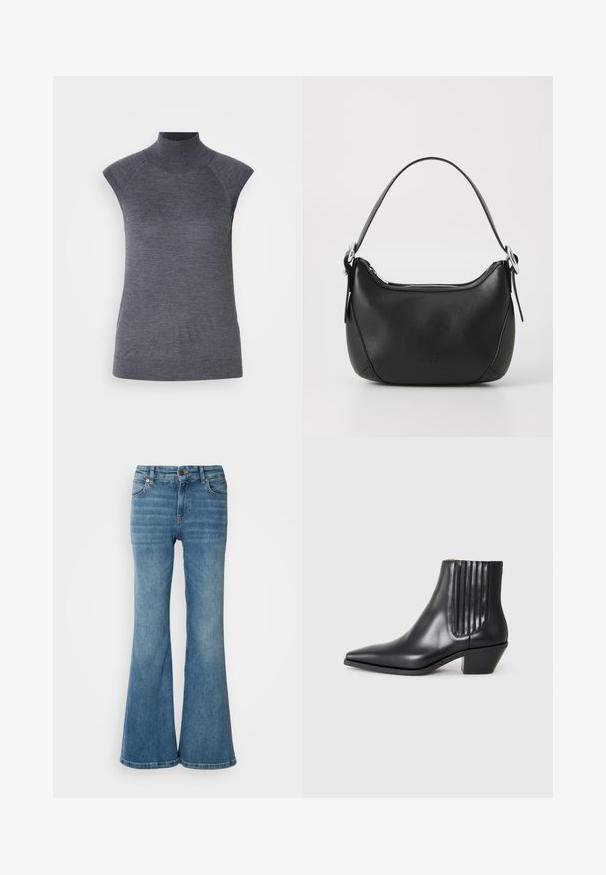 Harmaa hihaton poolopaita, vartalonmyötäinen istuvuus, ribbikuvio, sileä kangas, korkea kaula sekä tyylikkäät olkaleikkaukset.; Vaaleansiniset leveälahkeiset farkut, jotka on valmistettu denimistä. Niissä on viisi taskua, näkyvät saumat sekä nappi- ja vetoketjukiinnitys vyötäröllä.; Musta nahkainen nilkk boot, jossa on terävä kärki, elastiset sivupaneelit pystyröytiä ja matala lohkarepohja. Sileä pinta ja tyylikäs muotoilu.; Musta nahkakäsilaukku, jossa on kaareva muoto, hopeinen vetoketju ja lyhyt kahva. Edessä on hienovarainen logo ja pinta on sileä.