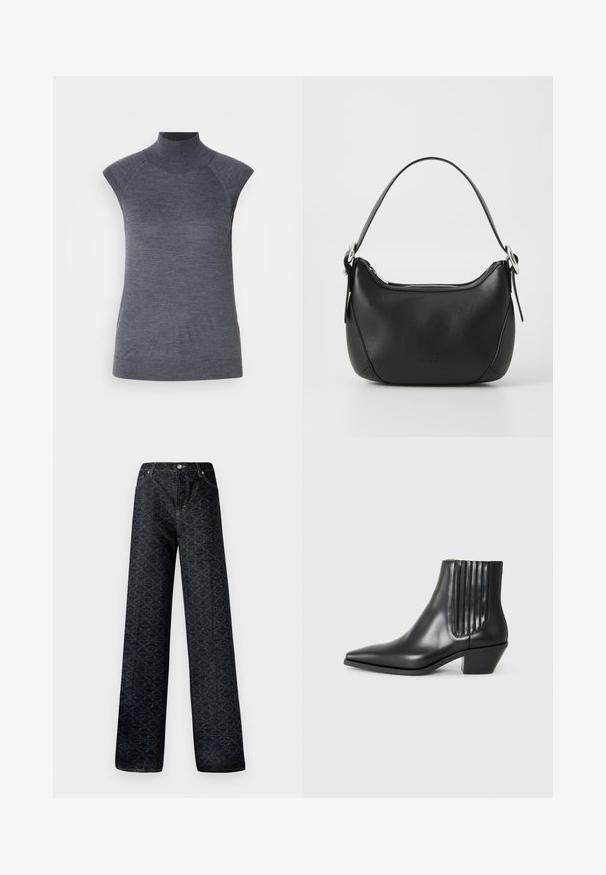 Hallituskaaluga ilma varrukateta turtleneck tops, keha libisev sobivus, sooniktekstuur, sile kanga, kõrgema kaeluse ja stiilsete õlavarre avadega.; Tumedat sinised laiad püksid geomeetrilise mustriga, valmistatud denimist. Omab metallist nööpi, tõmbluku ja esipocketsi õmblemist.; Must kõva nahast ankle boot terava varbaga, elastsete külgpanelide ja vertikaalsete soontega ning madala ploki kontsaga. Sile tekstuur ja stiilne disain.; Must mustast nahkaga kott, millel on kaarjas kuju, hõbedane tõmblukk ja lühike käepide. Ees on peen logo ning kott on sileda tekstuuriga.