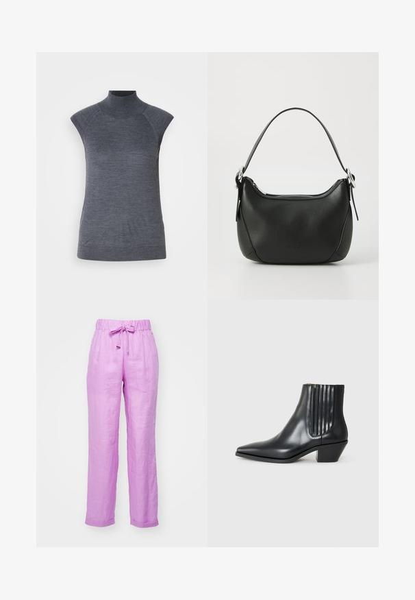 Grijze mouwloze coltrui, nauwsluitende pasvorm, geribbelde textuur, zachte stof, met hoge hals en stijlvolle schouderuitsparingen.; Lichtpaarse linnen broek met een elastische tailleband, verstelbaar trekkoord en omgeslagen enkels. Glad textuur, losse pasvorm, casual ontwerp.; Zwarte leren enkellaars met spitse neus, elastische zijpanelen met verticale groeven en een lage blokhak. Glad oppervlak en slank ontwerp.; Zwarte leren handtas met een gebogen vorm, zilveren rits en een korte handgreep. Bevat een subtiel logo aan de voorkant en een gladde textuur.