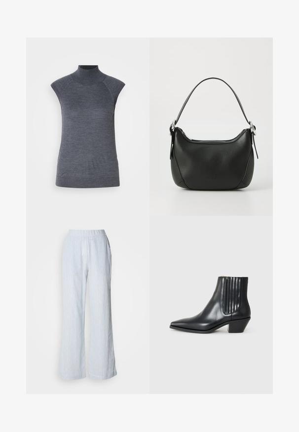 Top gris sin mangas con cuello alto, ajuste ceñido al cuerpo, textura acanalada, tela suave, presenta un cuello alto y elegantes recortes en los hombros.; Pantalones de pierna ancha de color azul claro con rayas verticales en blanco y rojo. Cuenta con una cintura elástica y bolsillos laterales. Textura suave parecida al algodón.; Bota de cuero negra de tobillo con punta afilada, paneles laterales elásticos con ranuras verticales y un tacón bajo y cuadrado. Textura suave y diseño elegante.; Bolso de mano de cuero negro con forma curvada, cremallera plateada y un asa corta. Presenta un logotipo sutil en la parte frontal y una textura suave.