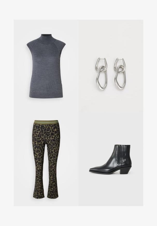 Sivý bezrukávový rolák, priliehavý strih, žebrovaná textúra, hladká látka, vysoký golier a štýlové výrezy na pleciach.; Kvetované nohavice so širokým zvonovým strihom v tmavozelených a čiernych farbách so širokým elastickým pásom s zelenými pruhmi. Mäkko, pružný materiál.; Čierna kožená členková topánka s špicatou špičkou, elastickými bočnými panelmi s vertikálnymi drážkami a nízkym blokovým podpätkom. Hladká textura a elegantný dizajn.; Calvin Klein STATEMENT LINKS - Náušnice - silver-coloured