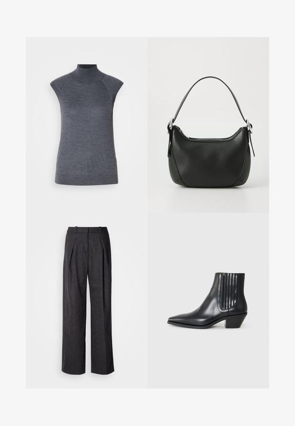 Pelēks bez piedurknēm turtlenecks tops, cieši pieguloša silueta, ribota tekstūra, gluda auduma, ar augstu kaklu un stilīgiem plecu izgriezumiem.; Tumši pelēki plaša kāju bikses ar teksturētu audumu, kurām ir priekšējie kroki un klasiskas jostas dizains. Redzamu kabatu nav.; Melnas ādas potītes zābaki ar izsistu purngali, elastīgām sānu paneļiem ar vertikālām grodām un zemu bloku papēdi. Gluda tekstūra un elegants dizains.; Melnas ādas rokassoma ar izliekumu formu, sudraba rāvējslēdzis un īsu rokturi. Priekšpusē ir smalks logo un gluda tekstūra.