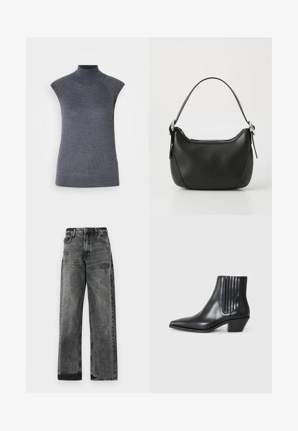 Top gris sin mangas con cuello alto, ajuste ceñido al cuerpo, textura acanalada, tela suave, presenta un cuello alto y elegantes recortes en los hombros.; Jeans de mezclilla negros de pierna ancha con un acabado desgastado, detalles desgastados en la parte frontal y un diseño estándar de cinco bolsillos.; Bota de cuero negra de tobillo con punta afilada, paneles laterales elásticos con ranuras verticales y un tacón bajo y cuadrado. Textura suave y diseño elegante.; Bolso de mano de cuero negro con forma curvada, cremallera plateada y un asa corta. Presenta un logotipo sutil en la parte frontal y una textura suave.