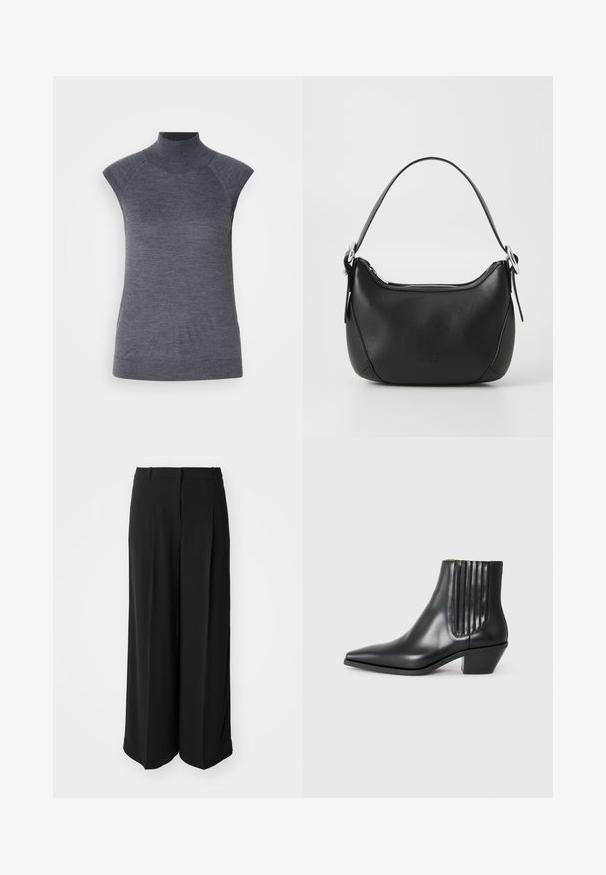 Grå ermeløs polo topp, kroppsnært snitt, ribbet tekstur, glatt stoff, har høy krage og stilige skulderutskjæringer.; Svarte brede bukser laget av glatt stoff, med høy midje og frontfolder for en skreddersydd passform.; Sorte skinnankelsko med spiss tå, elastiske sidepaneler med vertikale groper, og en lav blokkhæl. Glatt tekstur og elegant design.; Svart skinnveske med en buet form, sølv glidelås og kort håndtak. Har en subtil logo på forsiden og glatt tekstur.