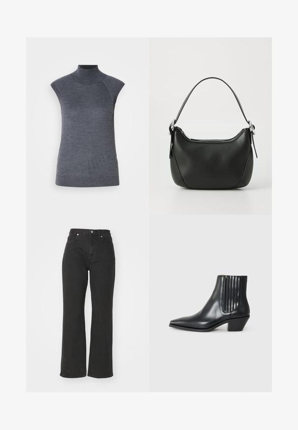 Top gri fără mâneci, cu croială aderentă, textură răsucită, material neted, cu guler înalt și decupaje elegante la umăr.; Blugi negri cu picioare largi, din denim, având talie înaltă, cinci buzunare și închidere cu nasture metalic, cu un tiv clasic cusut.; Cizme negre din piele, până la gleznă, cu vârful ascuțit, panouri elastice pe laterale cu striații verticale și toc mic, de tip bloc. Textură netedă și design elegant.; Geantă de mână din piele neagră cu o formă curbată, fermoar argintiu și o mânere scurtă. Previne un logo subtil pe față și o textură netedă.