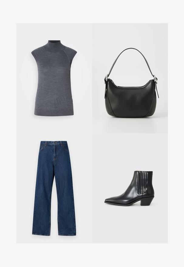 Grå ermeløs polo topp, kroppsnært snitt, ribbet tekstur, glatt stoff, har høy krage og stilige skulderutskjæringer.; Mørkeblå vide jeans laget av denim med en klassisk fem-lommer design. Har kontrast-sømmer og knappelukking foran.; Sorte skinnankelsko med spiss tå, elastiske sidepaneler med vertikale groper, og en lav blokkhæl. Glatt tekstur og elegant design.; Svart skinnveske med en buet form, sølv glidelås og kort håndtak. Har en subtil logo på forsiden og glatt tekstur.