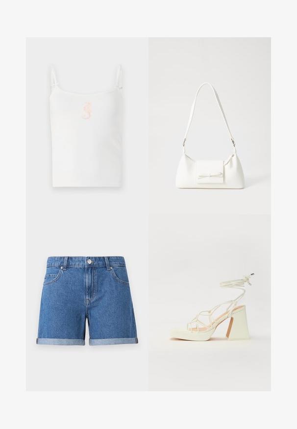 Top de alças finas, branco, com nervuras, apresentando um pequeno desenho de um cavalo-marinho rosa no centro. Textura suave, ajuste casual.; Calções de ganga em azul médio, com a bainha dobrada, bolsos frontais e um fecho de botão clássico. Textura suave com costuras visíveis.; Sandálias brancas de salto alto com um salto robusto, apresentando um design com tiras e amarração no tornozelo. Textura suave com uma plataforma na frente para altura adicional.; Mala sintética branca com formato triangular, aba frontal plana e detalhe de laço, alça ajustável, textura suave e design minimalista.