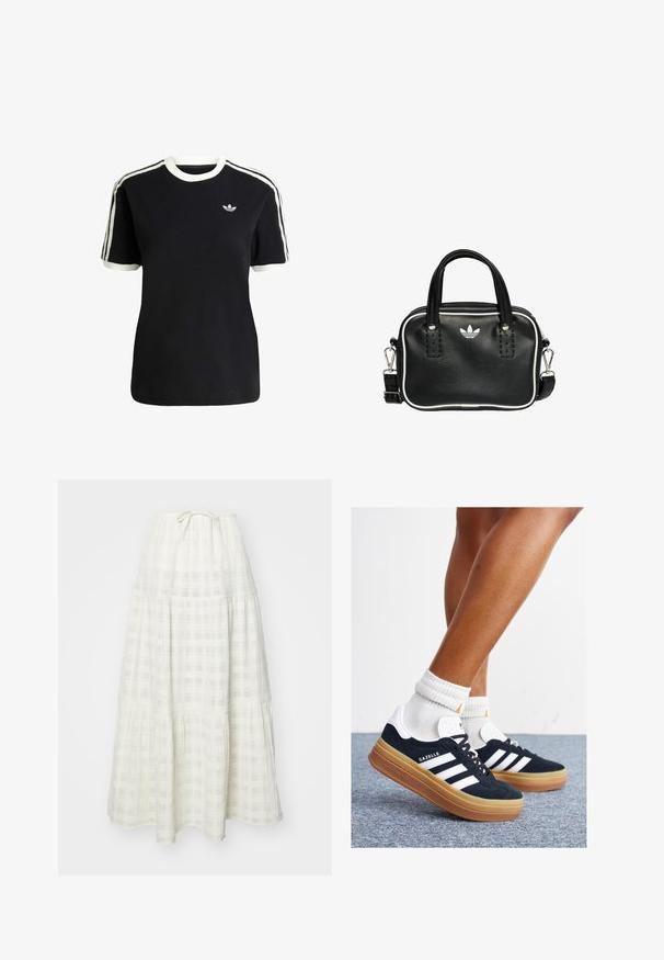 Czarna bawełniana koszulka z białymi akcentami na kołnierzyku i rękawach, z trzema białymi paskami na każdym ramieniu oraz małym logo na piersi.; Długa biała spódnica wykonana z teksturowanej tkaniny, z wzorem w kratę, warstwowym krojem oraz zwężającym się wiązaniem w pasie.; Czarne zamszowe trampki z białymi paskami i akcentami, zaokrąglonym noskiem, gumową podeszwą w kolorze jasno-brązowym, zestawione z białymi żebrowanymi skarpetkami do kostki.; Czarna skórzana torebka z dwoma krótkimi uchwytami, srebrnymi akcentami, białymi detalami i białym logo. Posiada teksturowaną powierzchnię oraz kompaktowy design.