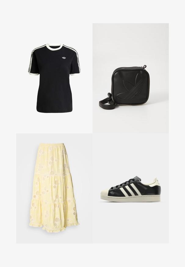 Svart bomull t-shirt med vita detaljer på kragen och ärmarna, med tre vita ränder på varje axel och en liten logotyp på bröstet.; Gul, skiktad kjol i lätt tyg med blomsterdesign och runda utskärningar. Elastisk midjeband och spetsdetaljer i fållen.; Svart lädersneaker med vita ränder, gummitåhätta, svarta snören och en krämfärgad sula. Slät textur med blank yta.; Svart fyrkantig crossbody-väska i texturerat syntetmaterial. Har en präglad logodesign och justerbar rem. Dragkedjestängning.